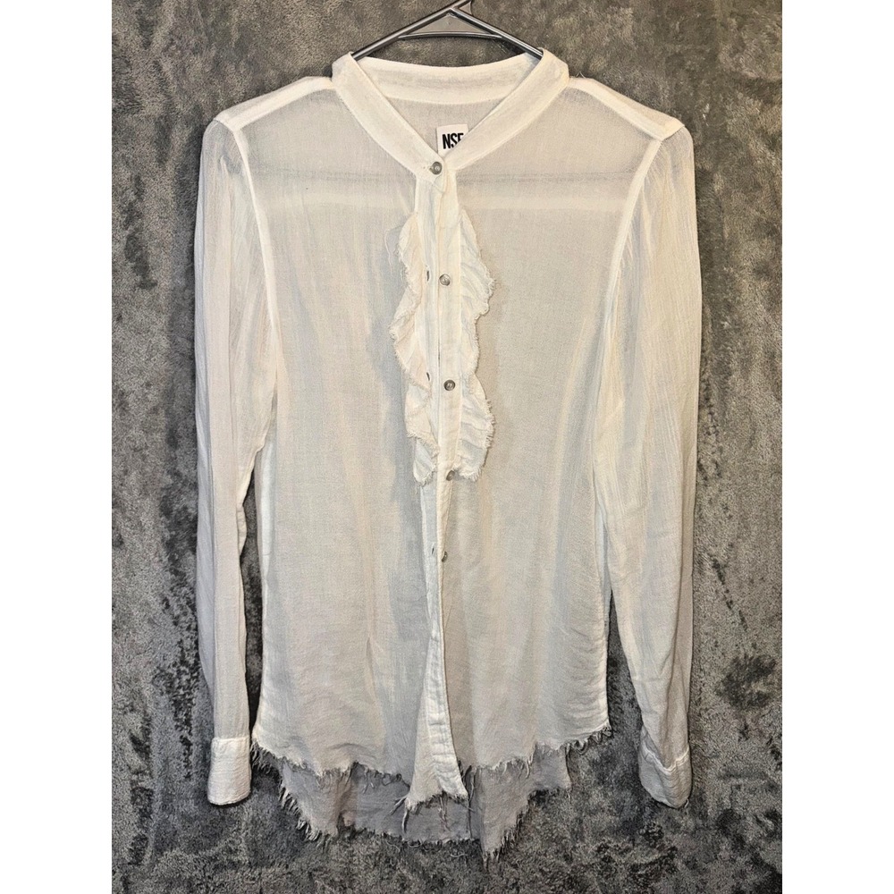NSF White Button-Down Top Size S petite Retail $248 long sleeve ruffle fray hem